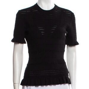 Kenzo Paris Women’s Black Eyelet Stretch Knit Ruffle Hem Sweater Size L